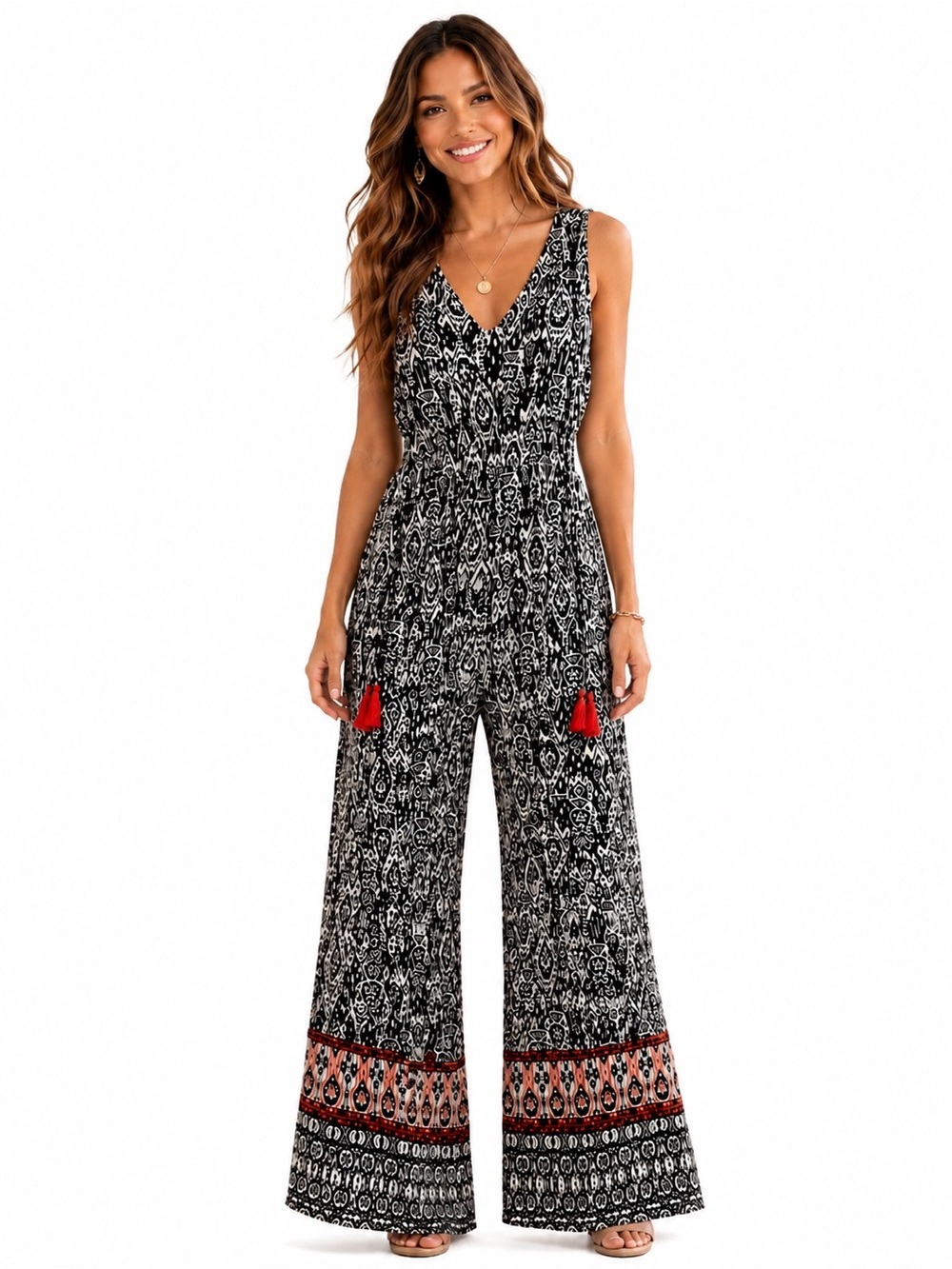 New Directions Black White Tribal Boho Wide Leg Jumpsuit Size XL